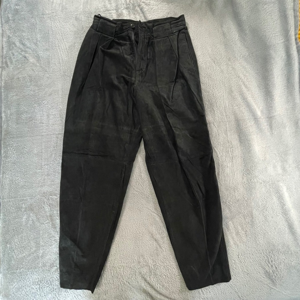 Vintage 80s Black Leather High Waist Pleated Trousers Size 13 14 Tapered Grunge